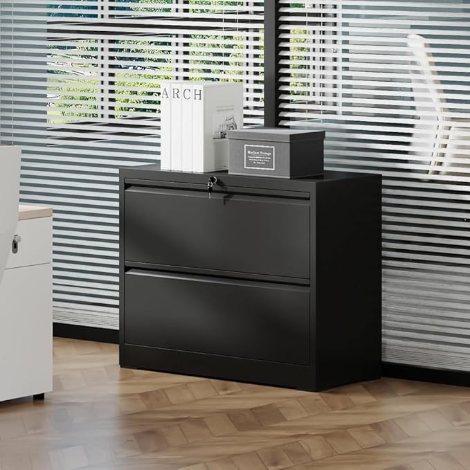 Lateral File Cabinet with Lock – Heavy-Duty Metal Filing Cabinet for Home Office Space-Saving Wide Storage for Letter/Legal/A4/F4 Silent Full-Extension Slides Easy-Assembly (Black + Modern-1)
