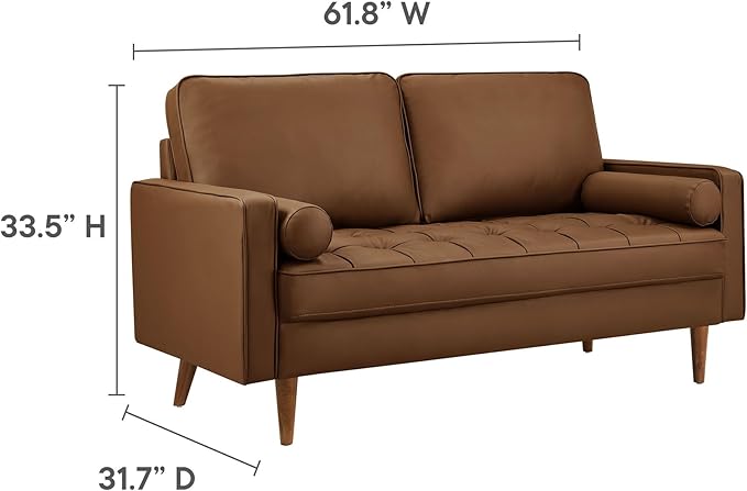 Modway Valour 62 Inch Faux Leather Loveseat in Brown – Wide Faux Leather Loveseat Sofa with Wood Legs - Small 2-Seater Sofa with Tufted Seat for Living Room or Office