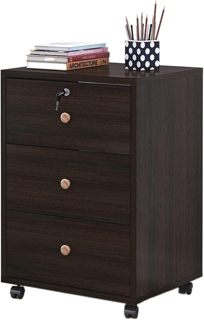 Wooden Office File Cabinet with Lock 3-Drawer Mobile Storage Cabinet Rolling Filing Cabinet for Home Office Floor Storage Cabinet Organizer