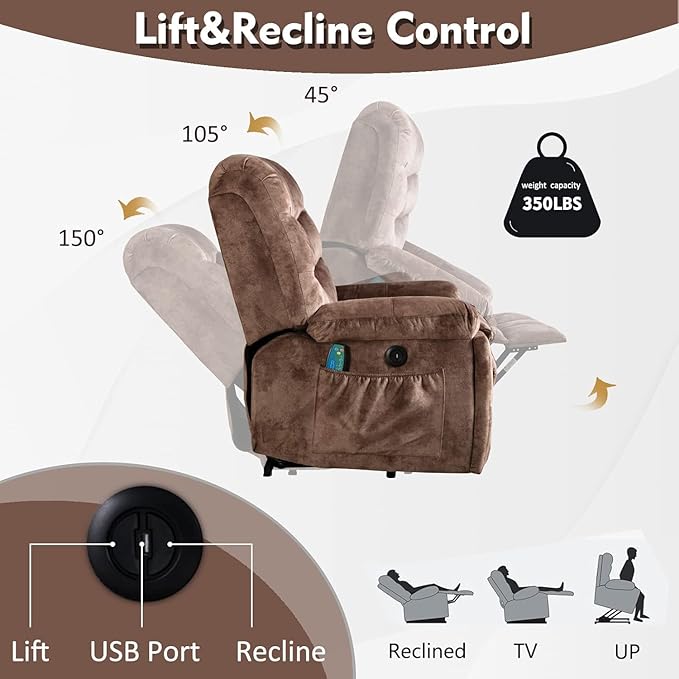 CANMOV Large Power Lift Recliner Chairs with Massage and Heat for Elderly Heavy Duty and Safety Motion Reclining Mechanism Electric Wide Recliners with USB Ports 2 Hidden Cup HoldersBrown