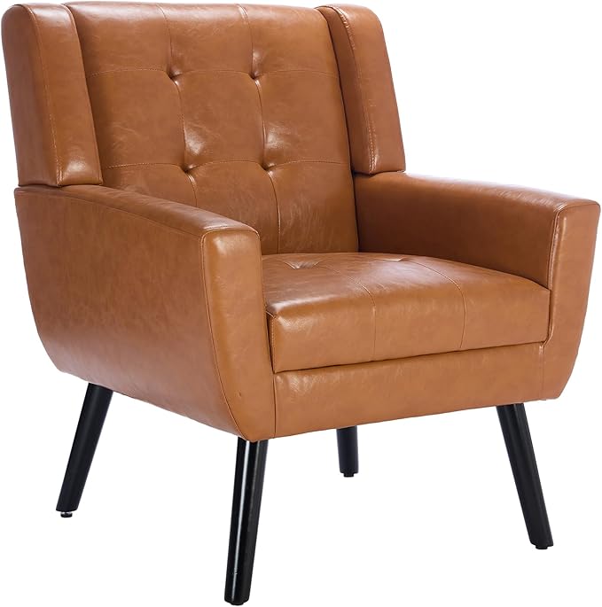 Modern Soft Leather Material Ergonomics Accent Chair Living Room Chair Bedroom Chair Home Chair with Black Legs for Indoor Home Light Brown PU