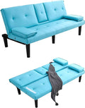 67 Futon Sofa BedConvertible Sofa Bed with 2 Cup HoldersSleeper Couch PVC Leather Removable Soft Armrest Small Couch for Living Room Apartments ﻿ (Blue)