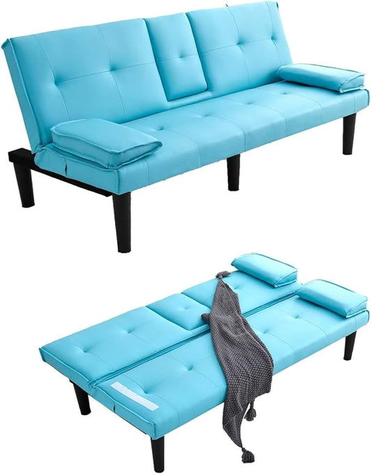 67 Futon Sofa BedConvertible Sofa Bed with 2 Cup HoldersSleeper Couch PVC Leather Removable Soft Armrest Small Couch for Living Room Apartments ﻿ (Blue)