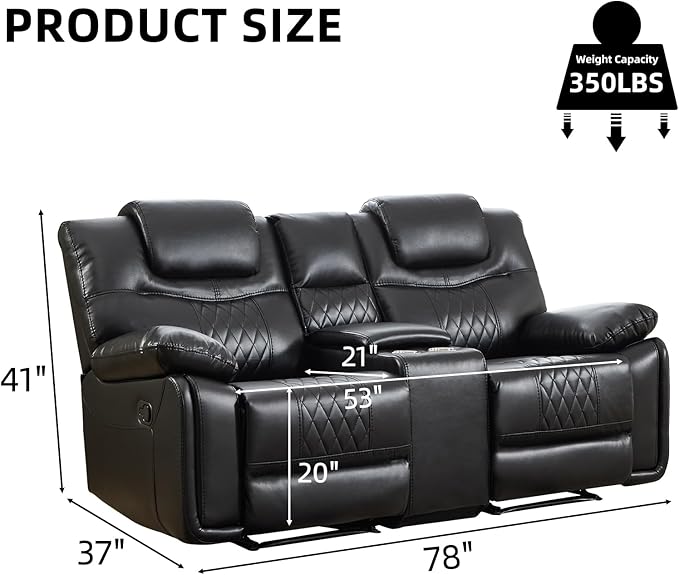EBELLO Faux Leather Manual Loveseat Recliner Comfortable Armrest 2 Seat Recliner Sofa with Center Console Hidden Storage and Cup Holders Reclining Couch for Living Room Black (Loveseat)