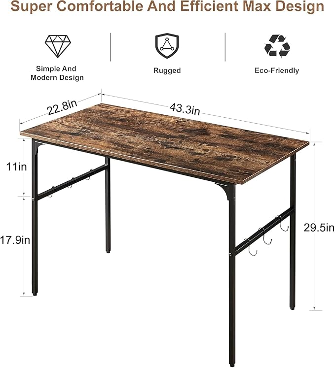 VECELO Computer Desk Water Proof Writing Desk with 4 Hooks Work Desk with Adjustable Feet Computer Desk for Small Space/Home Office/Dormitory 43 InchRusic Brown