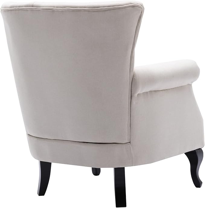 Mid Century Modern Accent Chair Upholstered Armchair Comfy Linen Fabric Single Sofa with Tufted Wingback for Small Spaces Bedroom Living Room Beige