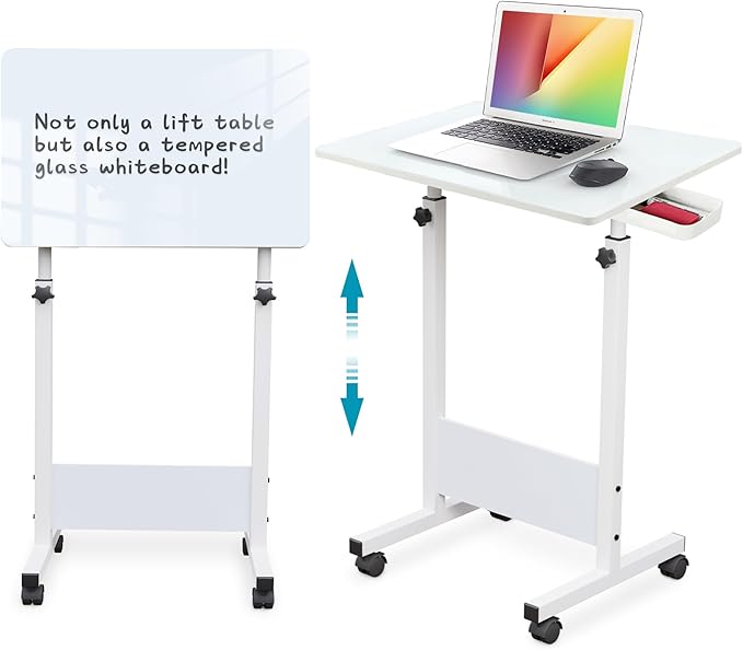 KOUPA Adjustable Height Standing Desk Writable Tempered Glass Desktop with Eraser 360° Flip Wheels – Ideal for Small Spaces and Home Offices 31 in White(Adjustable Height: 32-47 in)