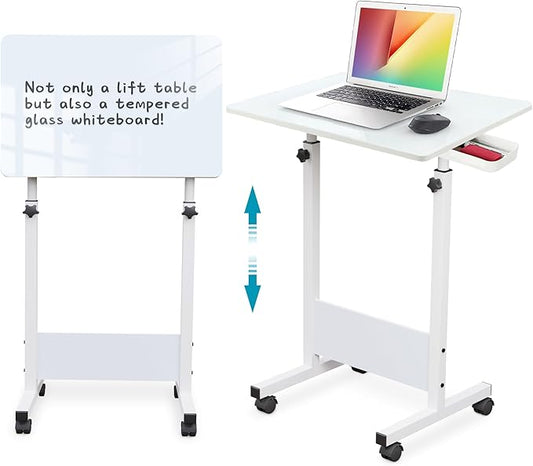 KOUPA Adjustable Height Standing Desk Writable Tempered Glass Desktop with Eraser 360° Flip Wheels – Ideal for Small Spaces and Home Offices 31 in White(Adjustable Height: 32-47 in)