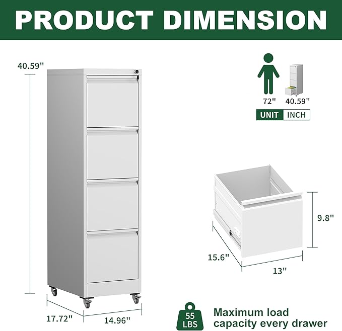4 Drawer Small File Cabinet with LockUnder Desk Locking Drawers Storage Cabinet Organizer for HomeOffice Filing Cabinets17.71 D*15.16 W*52.28 HWhite
