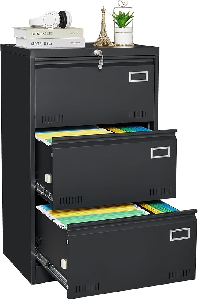 3 Drawer Metal Lateral File Cabinet with Lock Office Vertical Files Cabinet for Home Office Legal Letter A4 Large Capacity Security Lock Heavy-Duty Steel Adjustable File Bars (Black)