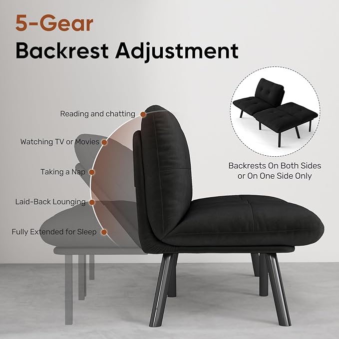Futon Sofa Sleeper Couch Bed with Adjustable Backrest Thick Cushion Velvet Fabric for Department Living Room Lounge Sofa Loveseat (Black)