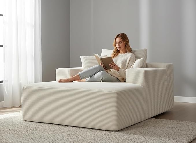 Monroe Convertible Chaise Lounge Chair Indoor – Oversized Corduroy Couch with Wide Armrest &amp Throw Pillows Cozy Boneless Sleeper Sofa Bed Armchair Beige