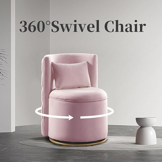 Swivel Chair with Storage for Living Room Round Velvet Vanity Chair with Tufted Button Back Pillow Included (Pink)