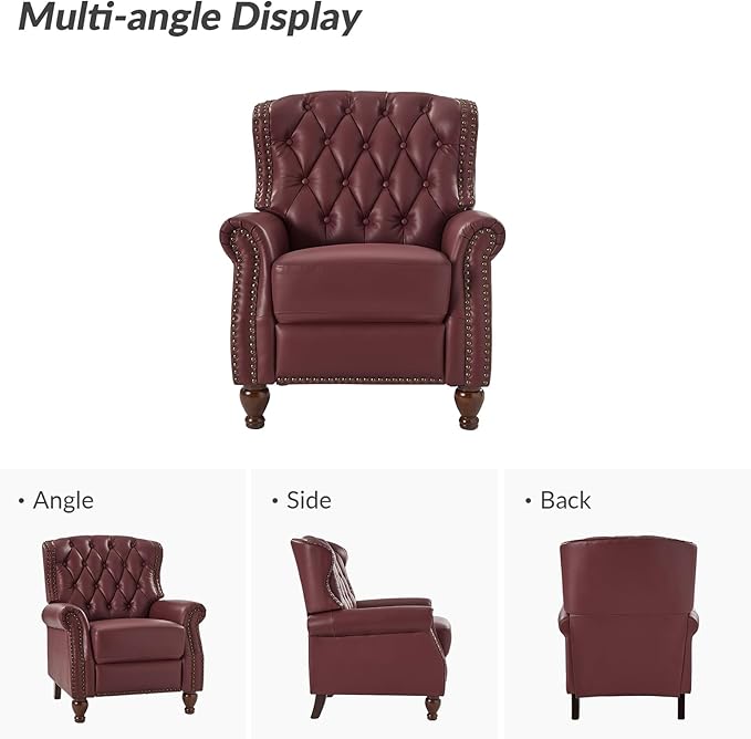 HULALA HOME Genuine Leather Recliner Chair with Solid Wood Feet Modern Adjustable Tufted Push Back Arm Chair w/Rivet Decoration Home Theater Seating Single Reclining Sofa for Living Room Burgundy