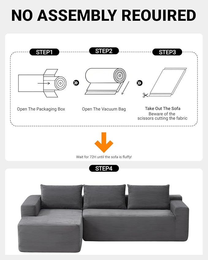 96 Inch Cloud Sectional CouchModern Modular Sectional Sofa with Deep SeatCorduroy Boneless Couches with L-Shape Chaise for Living Room BedroomNo Assembly Required (Grey Left Facing Chaise)