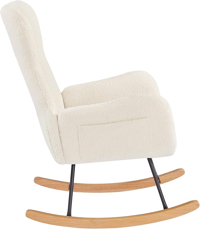 Modern Teddy Fabric Accent Rocking Chair Nursery Upholstered Rocker Glider Chair with High Backrest and Side Pockets for Living Room .(Cream White Teddy Fabric)