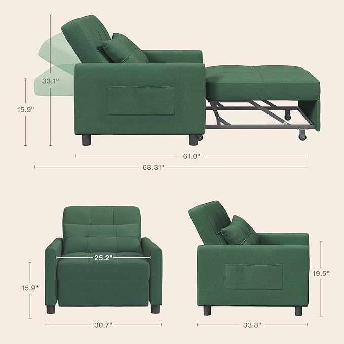Aiho Convertible Sleeper Chair with Pillow &amp Pocket 3-in-1 Sofa Bed in Modern Linen Fabric for Apartment Green