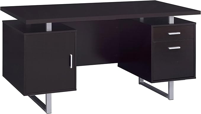 Pemberly Row 2-Drawer Wood Office Desk 60 in W x 30 in H Cappuccino and Silver Finish Metal Base Storage Drawer and Cabinet Contemporary Home Office Desk for Organization and Workspaces