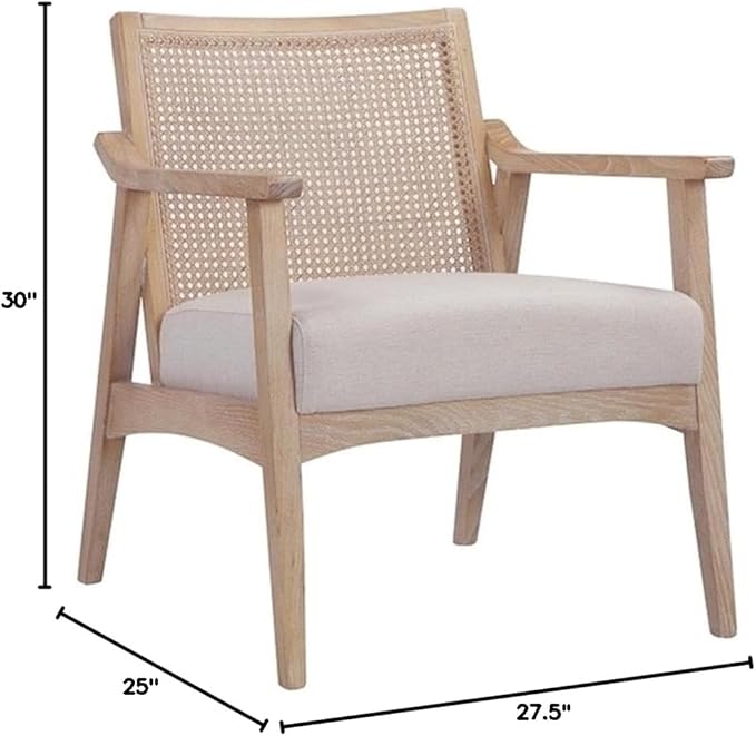 Pemberly Row Contemporary Lounge Chair Bone Boucle Fabric Oak Wood Finish Modern Cane Armchair Minimalist Accent Chair for Living Room or Bedroom Use