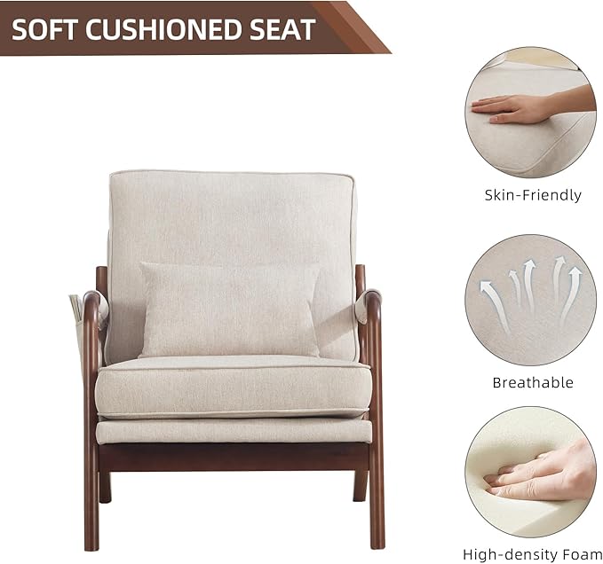 CANMOV Accent Chairs Set of 2 Mid Century Modern Chair with Extra Side Storage Pocket Upholstered Reading Armchair with Waist Cushion Accent Chair for Living Room Bedroom Easy Assembly Beige
