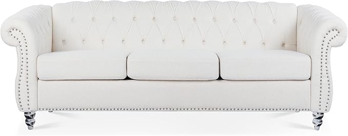 Ball &amp Cast 84 Chesterfield Sofa with Channel Tufted Seat BackClassic 3 Seater Couch Removable Square Arm Nailhead Trim and UpholsteredMid Centuryfor Living RoomBedroomOfficeWhite Polyester