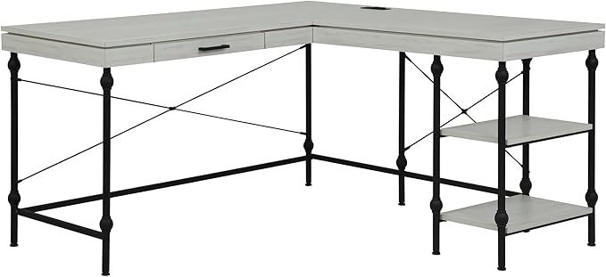 24/7 Shop at Home Monier Farmhouse Metal 2 Shelves Corner Computer Desk with USB Port Power Outlet 1 Drawer for Workstation Home Office Study Room Antique White