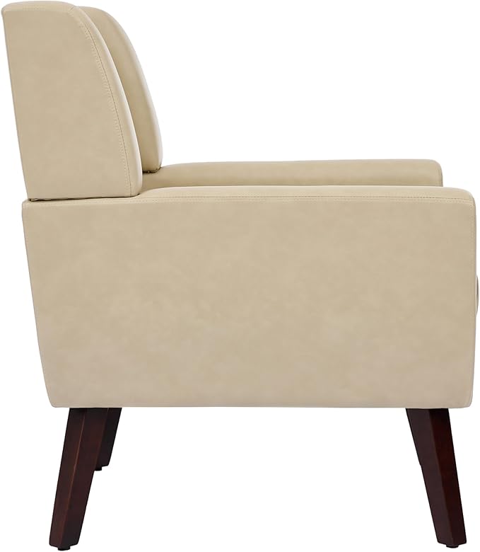 UIXE Faux Leather Accent Chair Modern Upholstered Club Arm Chair for Living Room Comfy Armchair Single Sofa Seat with Solid Wooden Legs (Cream)