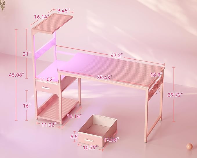 Casaottima 48 Inch Gaming Desk with Storage &amp LED Lights Reversible Computer Desk with Display Shelves &amp Fabric Drawer Modern Gamer Desk Table with Side Headphone Hook Carbon Fiber Pink