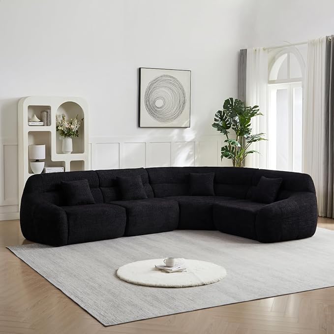 123 L-Shaped Corner Sectional Sofa with Curved Edge Modern Chenille Modular Cloud Couch High Back Oversized 4-Seater with 4 Pillows No Assembly Required Black