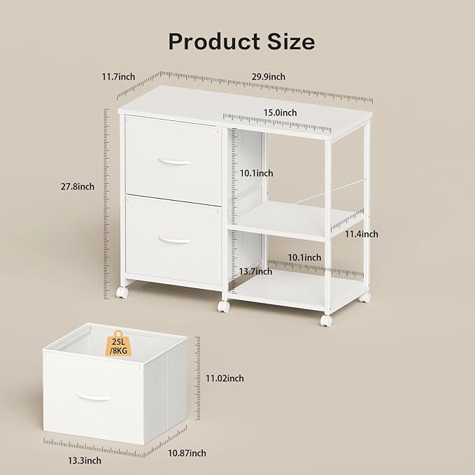 2-Drawer Fabric Lateral File Cabinet with Wheels Rolling Printer Stand with Open Storage Shelf for Home Office White