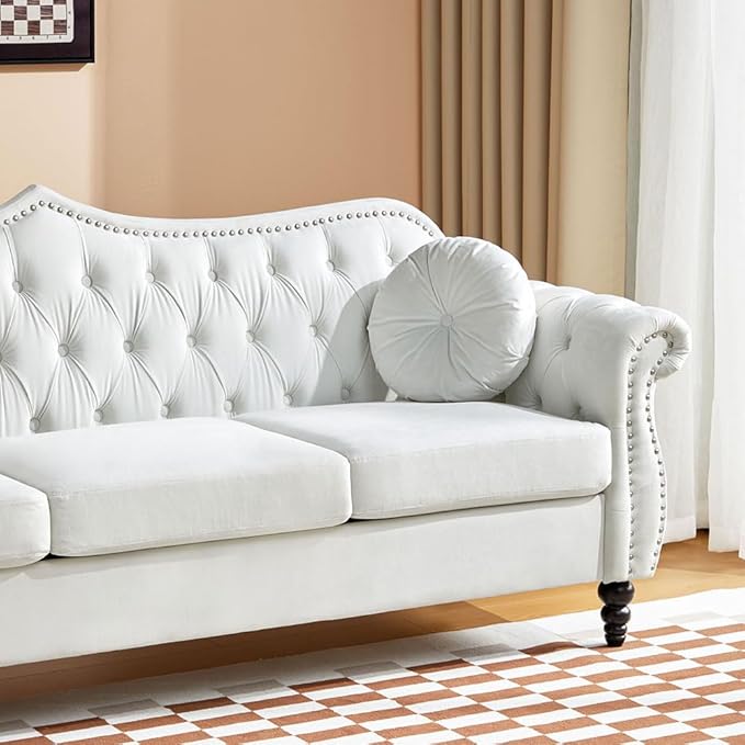 3 Seater Chesterfield Sofa Velvet Modern Tufted Velvet Couch with Scroll Arms and Nailhead Classic Chesterfield Settee Couches (White)