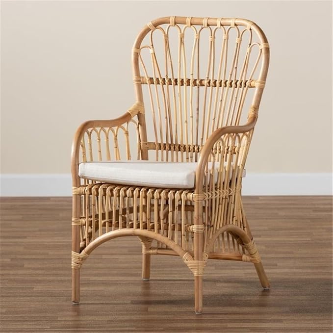 BOWERY HILL Modern Rattan Fabric Armchair 39.5 H x 24 W x 22 D Natural Beige Finish Foam-Padded Removable Cushion Spindle Design Handmade Accent Chair for Living Room or Bedroom