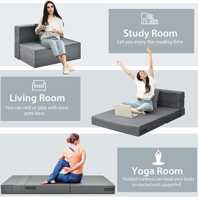 Giantex 6 Inch Folding Sofa Bed Couch with Pillow Tri-fold Mattress with High-Density Foam Foldable Floor Couch with Headrest Portable Guest Bed with Zippered &amp Washable Cover Dark Grey
