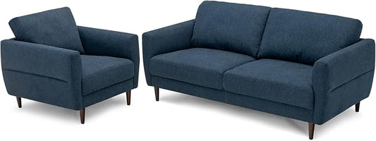 Giantex Loveseat and Armchair Set Upholstered 2-Seat Couch and Single Sofa with Solid Wood Frame Mid-Century Modern Furniture for Living Room Small Spaces Bedroom Apartment Reception Room Blue