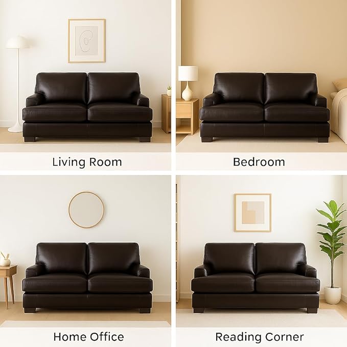 Naomi Home Genuine Leather Loveseat – Goose Feather Cushion Filling Square Arm Design Sturdy Block Legs – Cozy 2-Seater Sofa – Ideal for Living Room Office or Bedroom Espresso