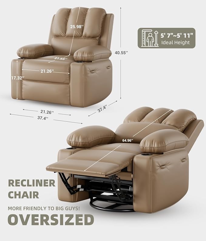 Power Recliner Chair for Adults with Massage and Heat Swivel Oversized Leather Recliner Chair with USB Ports &amp Side Pockets for Living Room (22 Medium-Seat WidthTan)