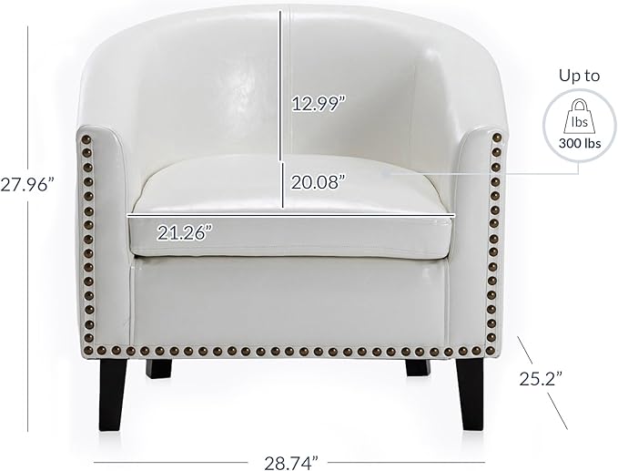 BELLEZE Accent Barrel Chair Modern Tub Club Chair Upholstered Armchair for Living Room Faux Leather Chair with Gold Nail Head Trim Black Legs - Kyara (White)