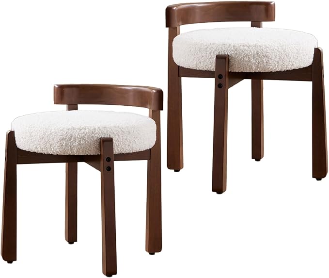 HEAH-YO Wood Vanity Chair with Back Set of 2 Sherpa Upholstered Small Ottoman Footstool Mid-Century Modern Makeup Chair with Solid Wood Legs for Makeup Room Bedroom Living Room White