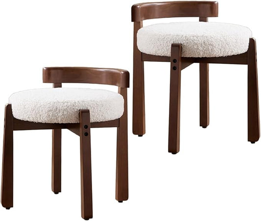 HEAH-YO Wood Vanity Chair with Back Set of 2 Sherpa Upholstered Small Ottoman Footstool Mid-Century Modern Makeup Chair with Solid Wood Legs for Makeup Room Bedroom Living Room White