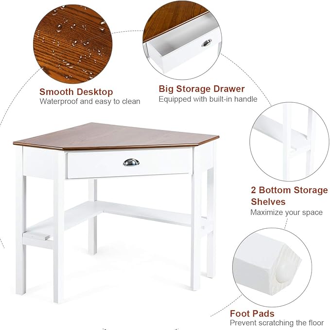 Tangkula Corner Desk Corner Computer Desk with Drawer for Small Space Small Corner Makeup Vanity Desk 90 Degrees Triangle Corner Desk with Storage Shelves (Natural &amp White)