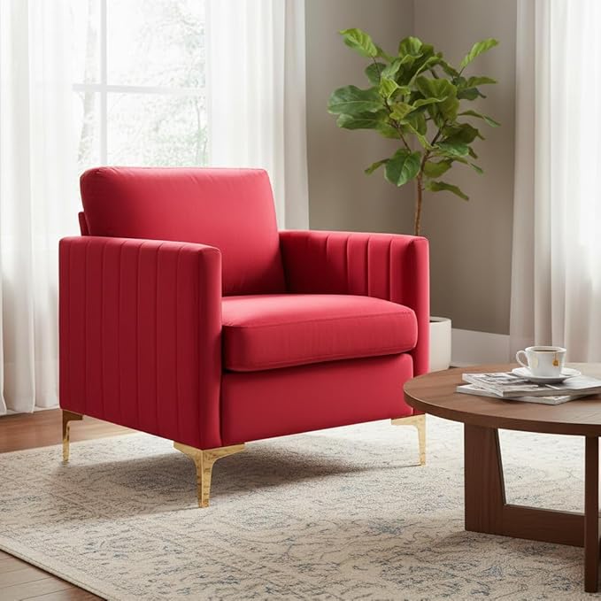 Velvet Accent Chairs Modern Accent Chairs with Gold Metal Legs Upholstered Reading Armchair Small Sofa Chair for Living Room Bedroom Office (Rose Red)