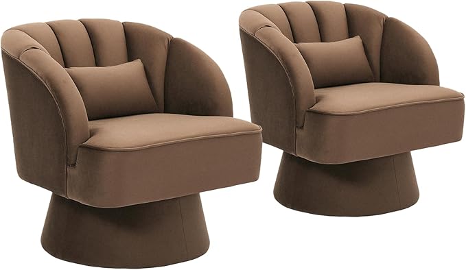 Swivel Barrel Chair - Velvet Upholstered Modern Armchair with Striped Backrest &amp Plush Padding Round Lounge Chair for Living Room Bedroom Small Spaces Brown - (2 Pcs)