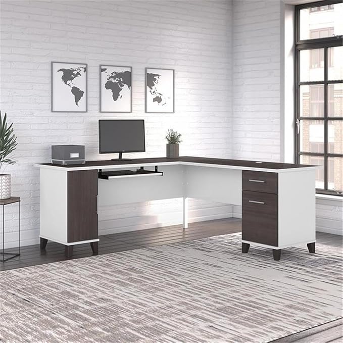 BOWERY HILL 72W L Shaped Desk with Storage Engineered Wood White &amp Storm Gray Finish Wire Management Keyboard Tray File Drawer Adjustable Shelf Home Office or Living Room Use