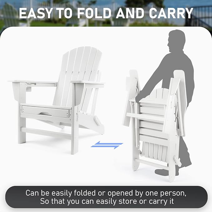 FUNBERRY Adirondack Rocking Chair Multifunctional 4-in-1 Porch Rocker with Retractable Ottoman &amp Cup Holder HDPE All Weather