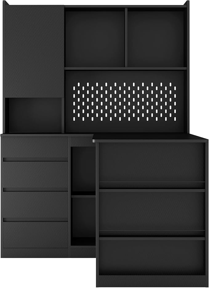 Black L-Shaped Home Office Desk with Hutch &amp Drawers Modern Corner Desk with LED Light &amp Bookshelf Wood Study Writing Table Gaming Computer Desk for Bedroom Home