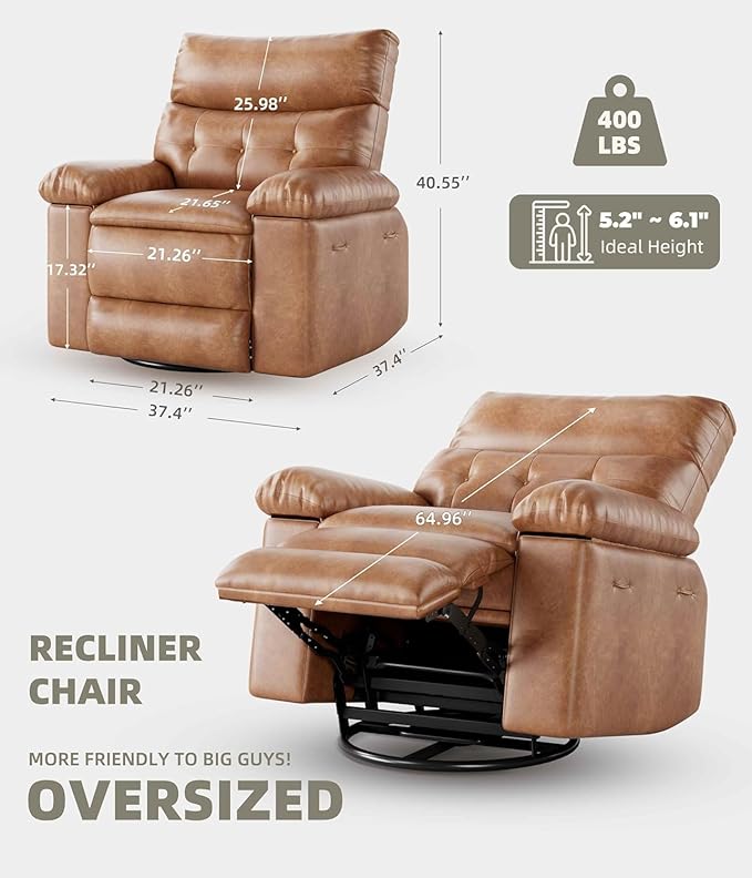 Regular Manual Recliner Chair for Adults PU Leather Comfy Reclining Chair with Overstuffed Arms &amp Back Side Pocket Modern Single Sofa for Living Room Bedroom Vintage