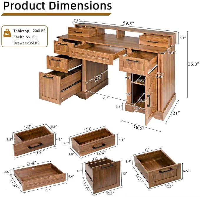 59-Inch Computer Desk with Power OutletsFarmhouse Executive Desk with File Cabinet DrawerLarge Office Desk with 6 Drawers and Desktop Movable ShelvesWriting Study Table for Home Office (Brown)