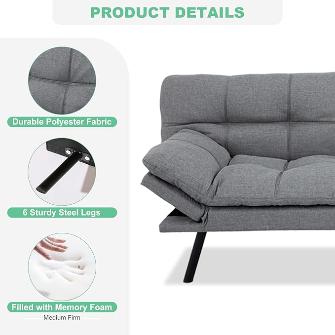 MUUEGM Futon Couch with 71 Adjustable High Density Memory Foam Futon Sofa Bed Modern Design Sofa Bed for Living Room Sleeping and Relaxing(Fabric Light Gray)