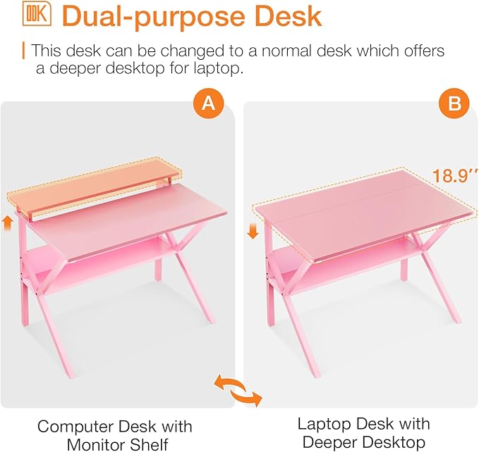 ODK Small Desk 27.5 Inch Computer Desk for Small Spaces Kids Desk with Storage Study Table with Monitor Stand for Homeschool Pink