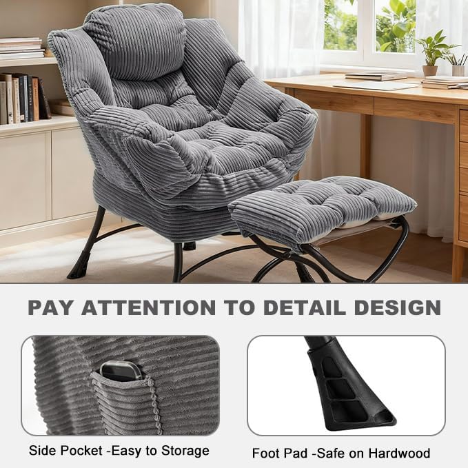 Corduroy Lazy Chair Set of 2 with Ottoman Ergonomic Comfy Reading Chair for Living Room Bedroom &amp Office in Small Spaces